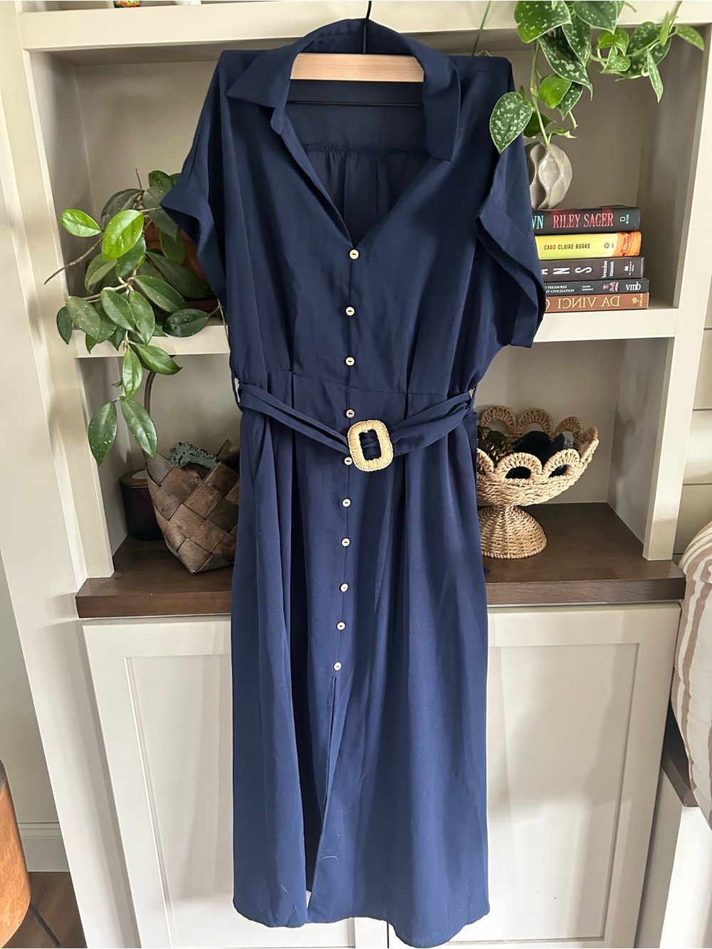 Navy Button-Front Shirt Dress with Belt